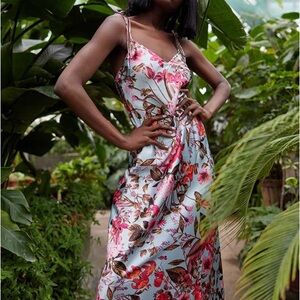 Victoria’s Secret Satin Floral Maxi Dress with Self-Tie Straps M